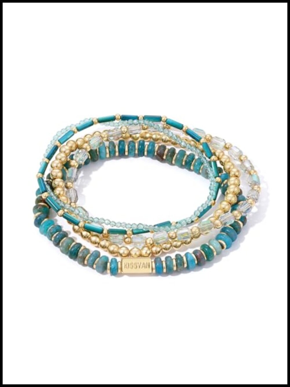 5 Piece Natural Stone Beaded Bracelet Stackable Set Womens 14K Gold Plated